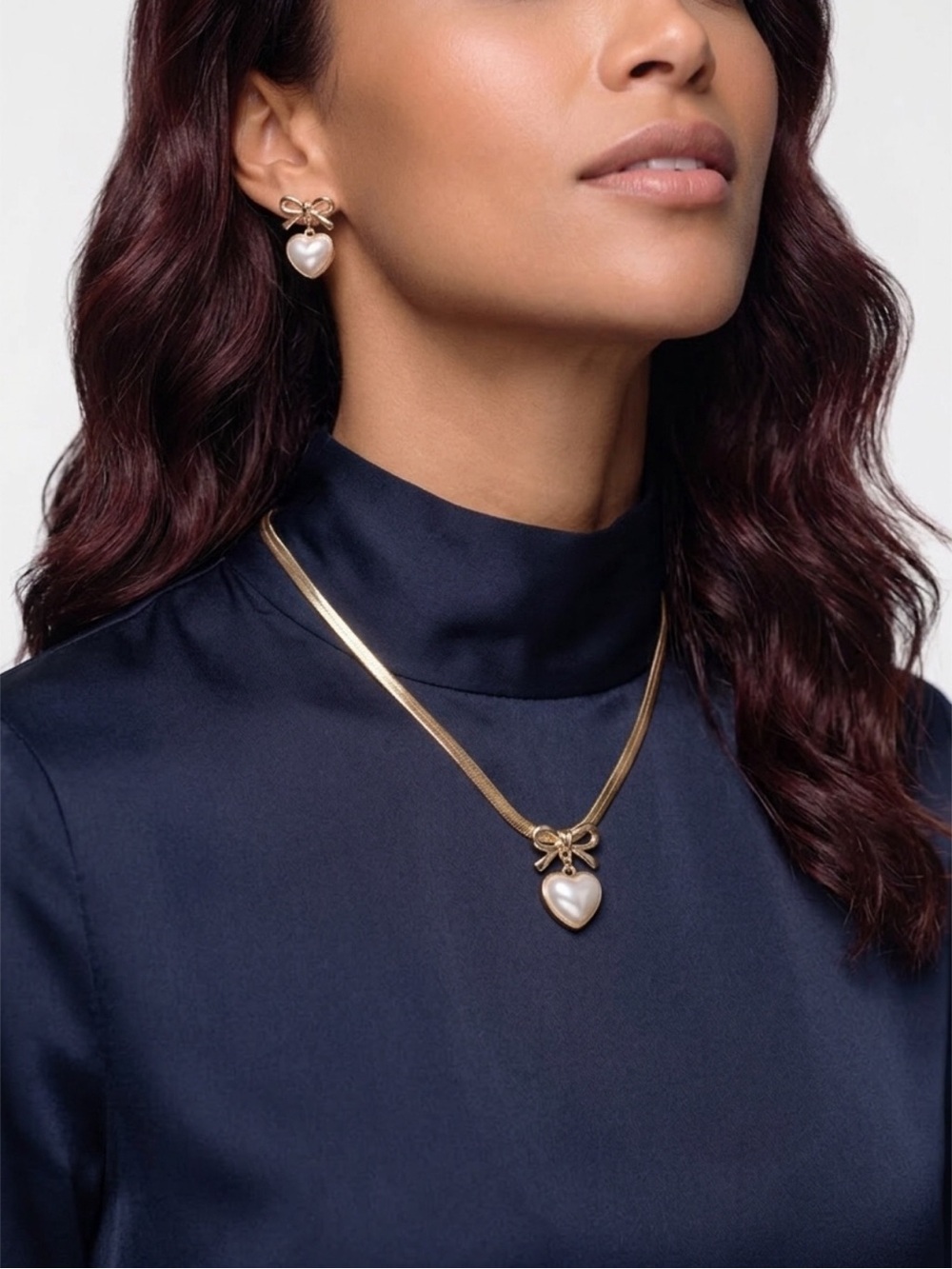 Gold Bow & Heart Faux Pearl Necklace and Earring Set